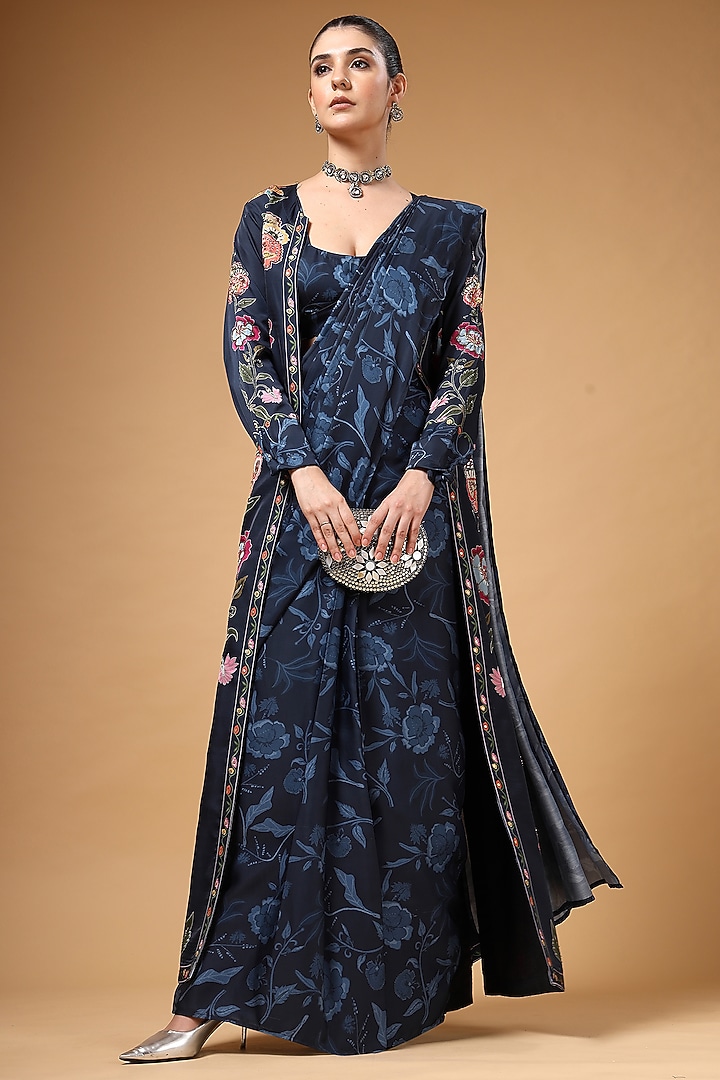 Navy Blue Silk Crepe Floral Printed Pre-Draped Wedding Saree Set by Gazab By Miku Kumar at Pernia's Pop Up Shop