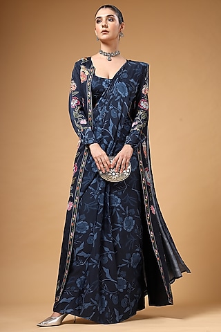 Navy Blue Silk Crepe Floral Printed Pre-Draped Saree Set by Gazab By Miku Kumar