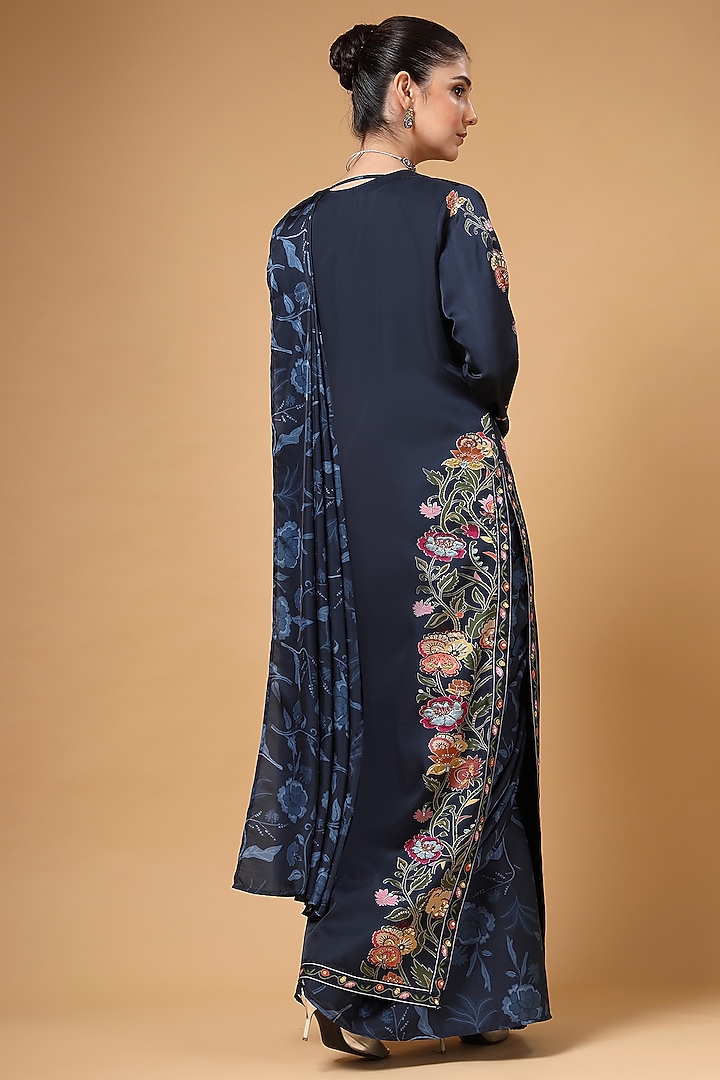 Navy Blue Silk Crepe Floral Printed Pre-Draped Wedding Saree Set by Gazab By Miku Kumar at Pernia's Pop Up Shop