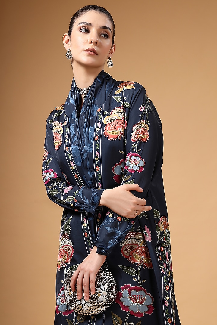 Navy Blue Silk Crepe Floral Printed Pre-Draped Wedding Saree Set by Gazab By Miku Kumar at Pernia's Pop Up Shop