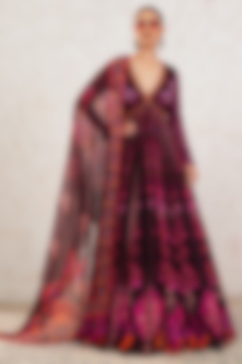 Wine Georgette Printed & Hand Embroidered Flared Wedding Anarkali With Dupatta by Gazab By Miku Kumar at Pernia's Pop Up Shop