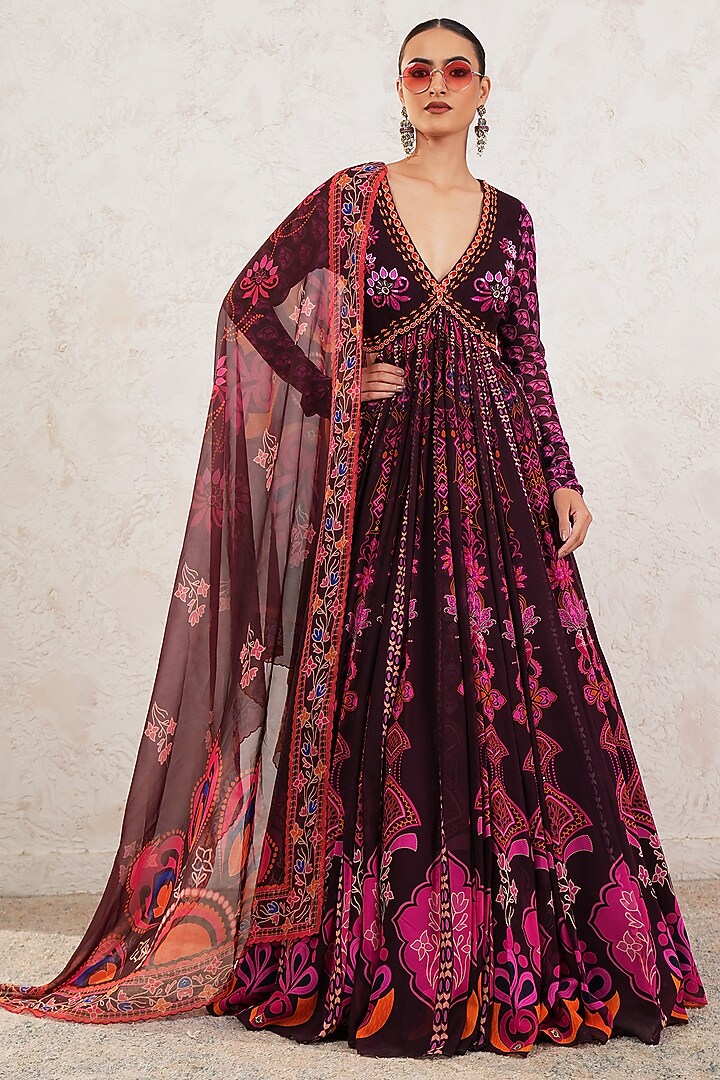 Wine Georgette Printed & Hand Embroidered Flared Wedding Anarkali With Dupatta by Gazab By Miku Kumar at Pernia's Pop Up Shop