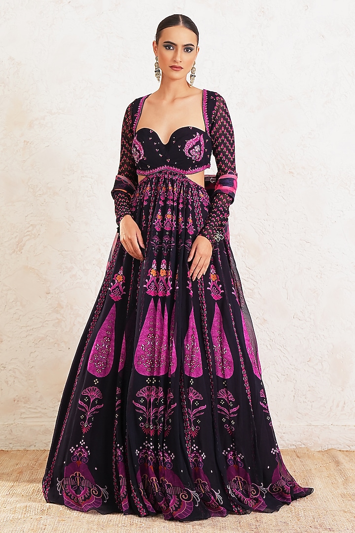 Purple Georgette Hand Embroidered & Printed Wedding Anarkali With Dupatta by Gazab By Miku Kumar at Pernia's Pop Up Shop