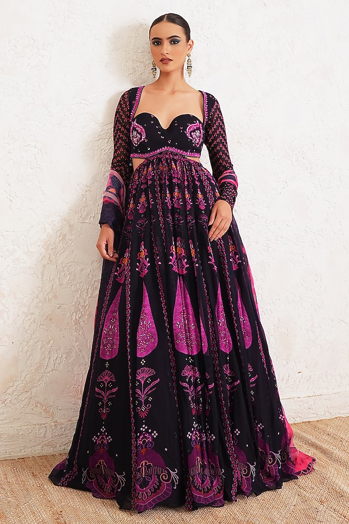 Purple Georgette Hand Embroidered & Printed Wedding Anarkali With Dupatta by Gazab By Miku Kumar at Pernia's Pop Up Shop