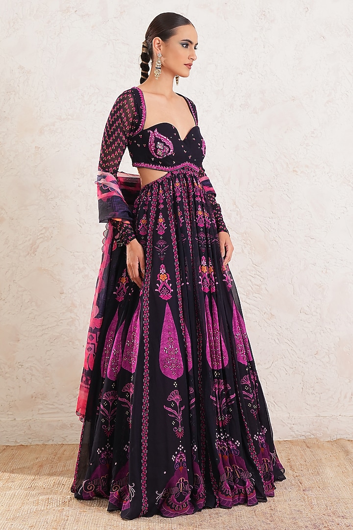 Purple Georgette Hand Embroidered & Printed Wedding Anarkali With Dupatta by Gazab By Miku Kumar at Pernia's Pop Up Shop