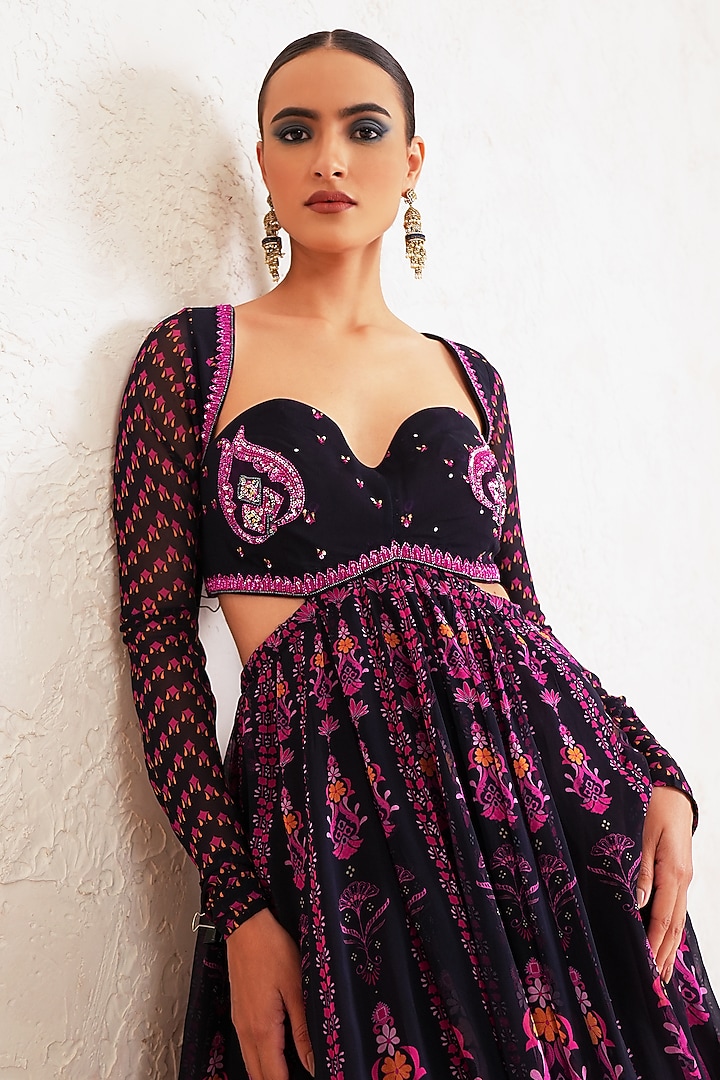 Purple Georgette Hand Embroidered & Printed Wedding Anarkali With Dupatta by Gazab By Miku Kumar at Pernia's Pop Up Shop