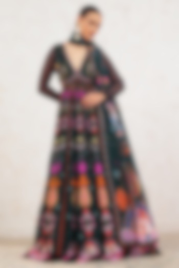 Green Georgette Hand Embroidered & Printed Wedding Anarkali With Dupatta by Gazab By Miku Kumar at Pernia's Pop Up Shop