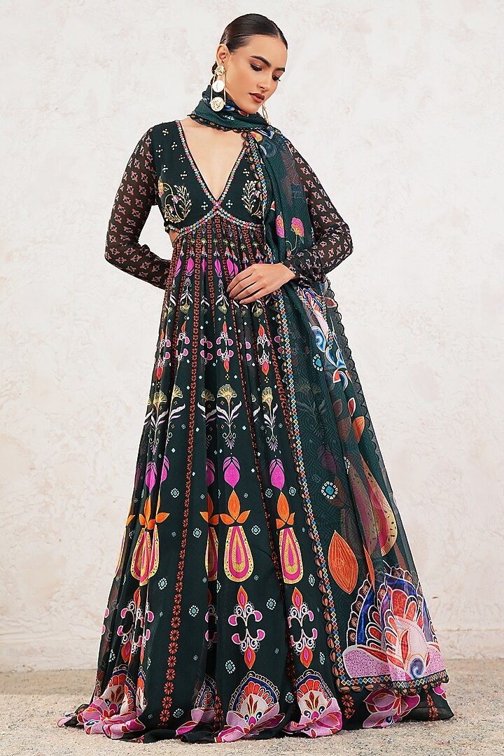 Green Georgette Hand Embroidered & Printed Wedding Anarkali With Dupatta by Gazab By Miku Kumar at Pernia's Pop Up Shop