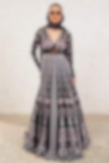 Black Georgette Hand Embroidered & Printed Wedding Anarkali With Dupatta by Gazab By Miku Kumar at Pernia's Pop Up Shop