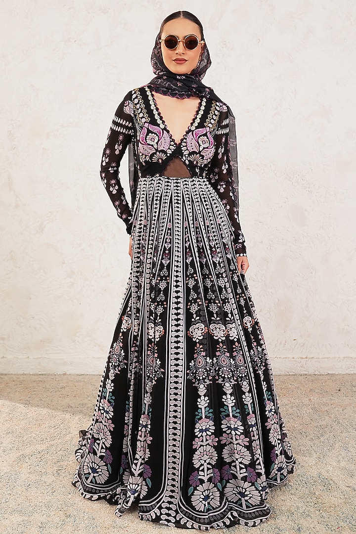 Black Georgette Hand Embroidered & Printed Wedding Anarkali With Dupatta by Gazab By Miku Kumar at Pernia's Pop Up Shop