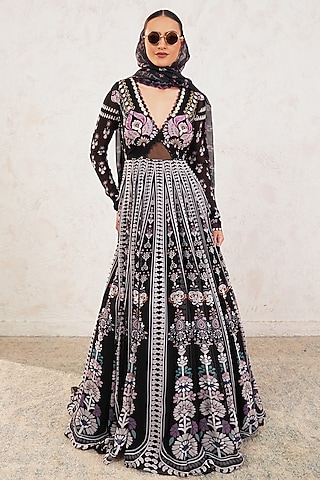 Black Georgette Hand Embroidered & Printed Anarkali With Dupatta by Gazab By Miku Kumar