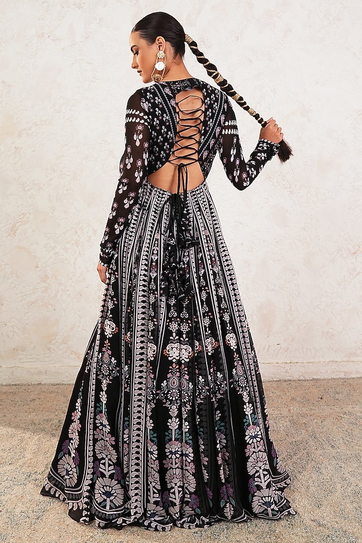 Black Georgette Hand Embroidered & Printed Wedding Anarkali With Dupatta by Gazab By Miku Kumar at Pernia's Pop Up Shop