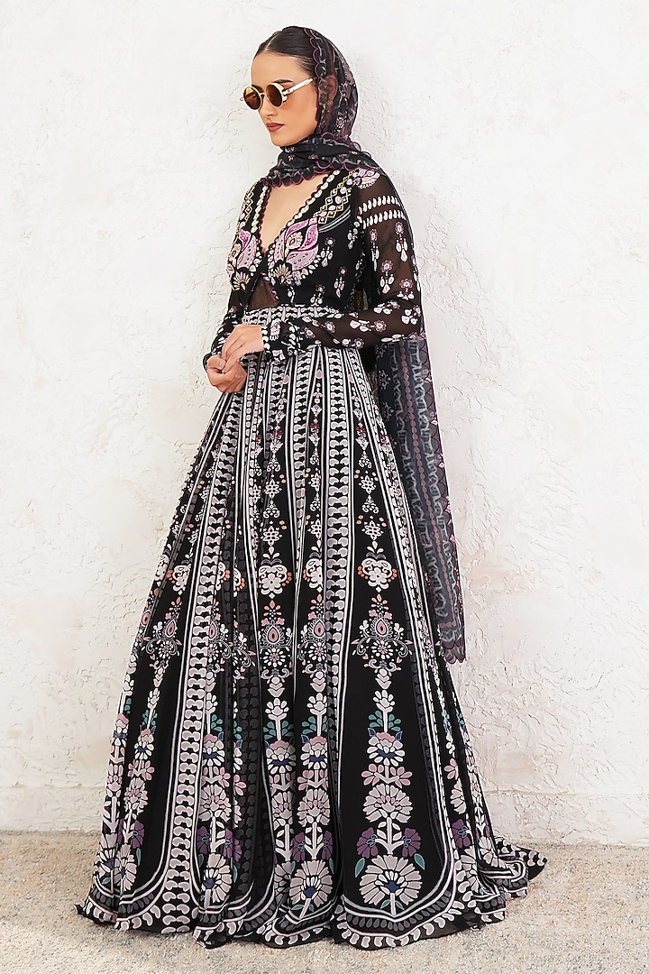 Black Georgette Hand Embroidered & Printed Wedding Anarkali With Dupatta by Gazab By Miku Kumar at Pernia's Pop Up Shop