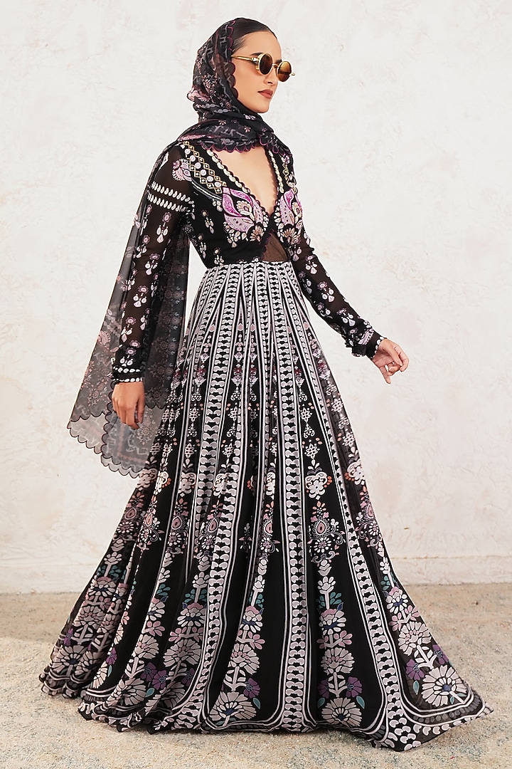Black Georgette Hand Embroidered & Printed Wedding Anarkali With Dupatta by Gazab By Miku Kumar at Pernia's Pop Up Shop