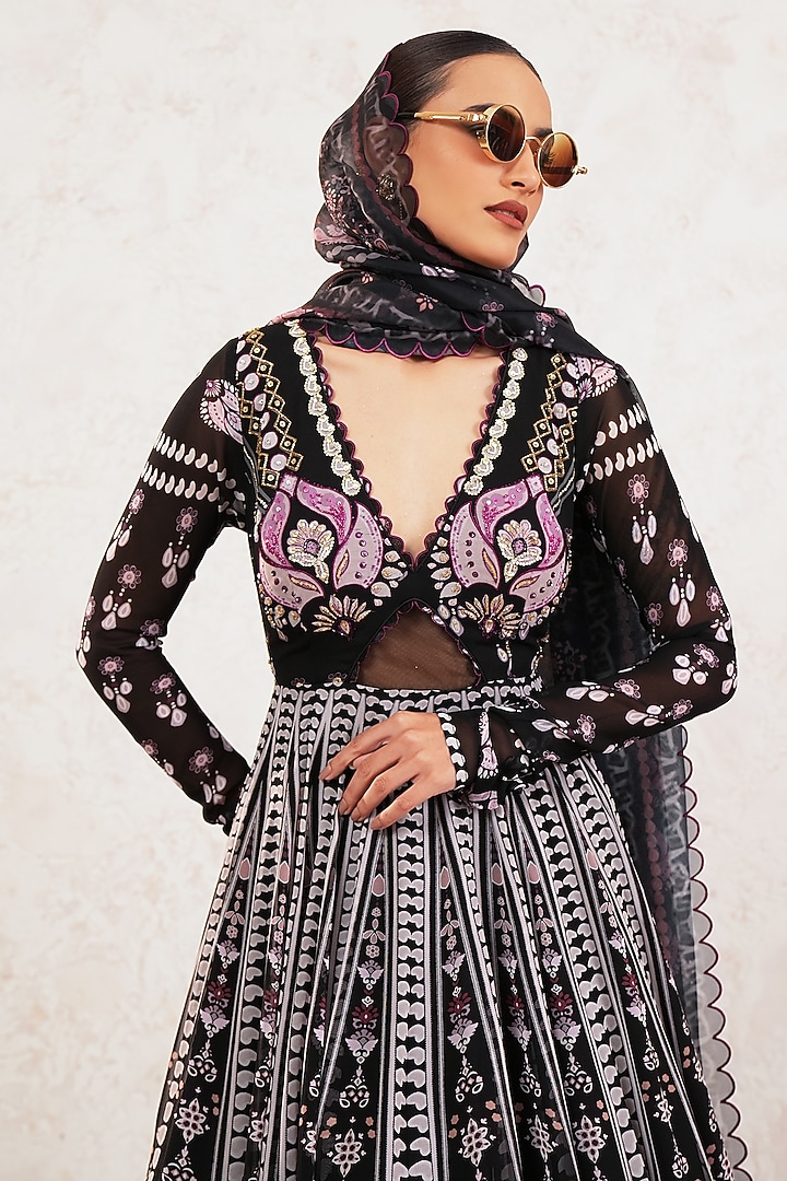 Black Georgette Hand Embroidered & Printed Wedding Anarkali With Dupatta by Gazab By Miku Kumar at Pernia's Pop Up Shop