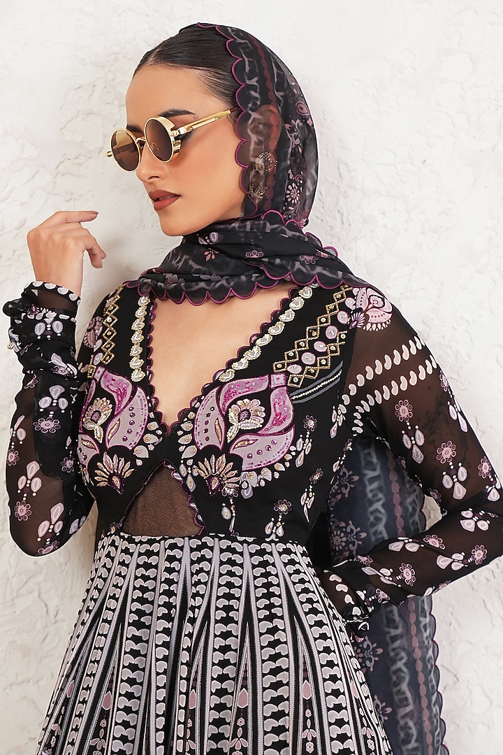 Black Georgette Hand Embroidered & Printed Wedding Anarkali With Dupatta by Gazab By Miku Kumar at Pernia's Pop Up Shop