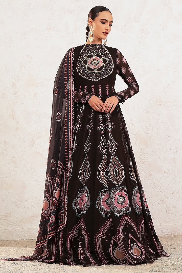 Brown Georgette Hand Embroidered & Printed Wedding Anarkali With Dupatta by Gazab By Miku Kumar at Pernia's Pop Up Shop
