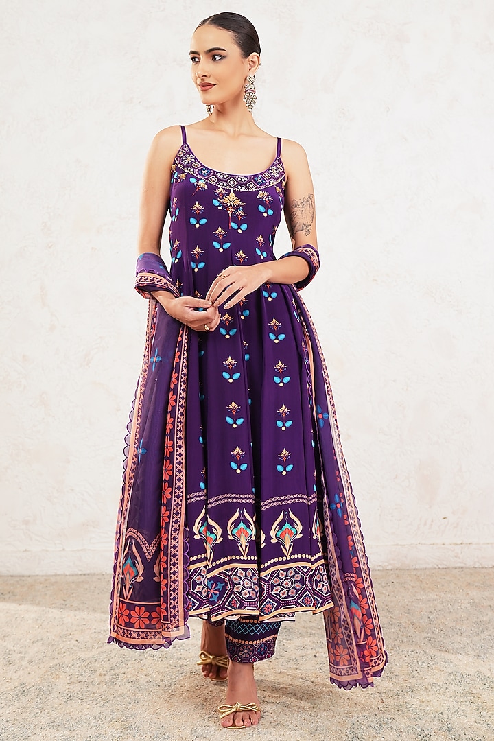 Purple Crepe Hand Embroidered & Printed Party Wear Anarkali Set by Gazab By Miku Kumar at Pernia's Pop Up Shop