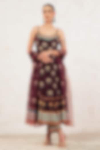 Brown Crepe Hand Embroidered & Printed Party Wear Anarkali Set by Gazab By Miku Kumar at Pernia's Pop Up Shop