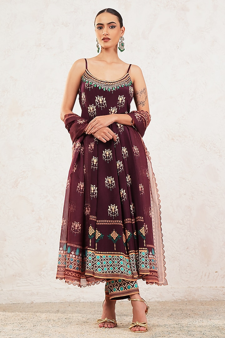 Brown Crepe Hand Embroidered & Printed Party Wear Anarkali Set by Gazab By Miku Kumar at Pernia's Pop Up Shop