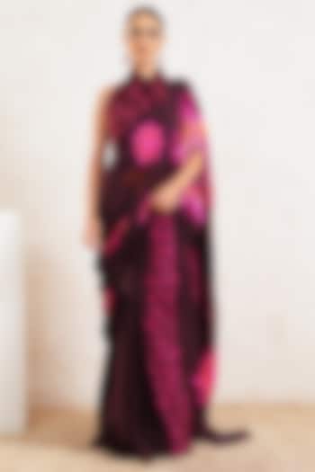 Wine Crepe Floral Embroidered Pre-Draped Wedding Saree Set by Gazab By Miku Kumar at Pernia's Pop Up Shop