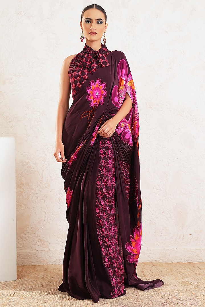 Wine Crepe Floral Embroidered Pre-Draped Wedding Saree Set by Gazab By Miku Kumar at Pernia's Pop Up Shop