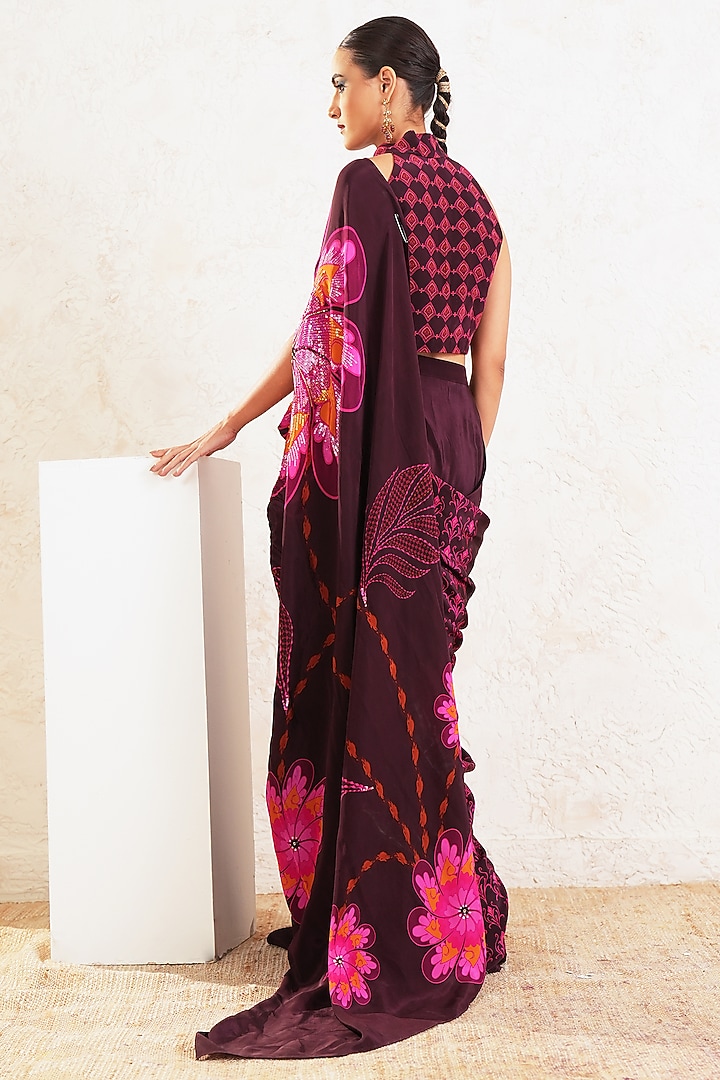 Wine Crepe Floral Embroidered Pre-Draped Wedding Saree Set by Gazab By Miku Kumar at Pernia's Pop Up Shop