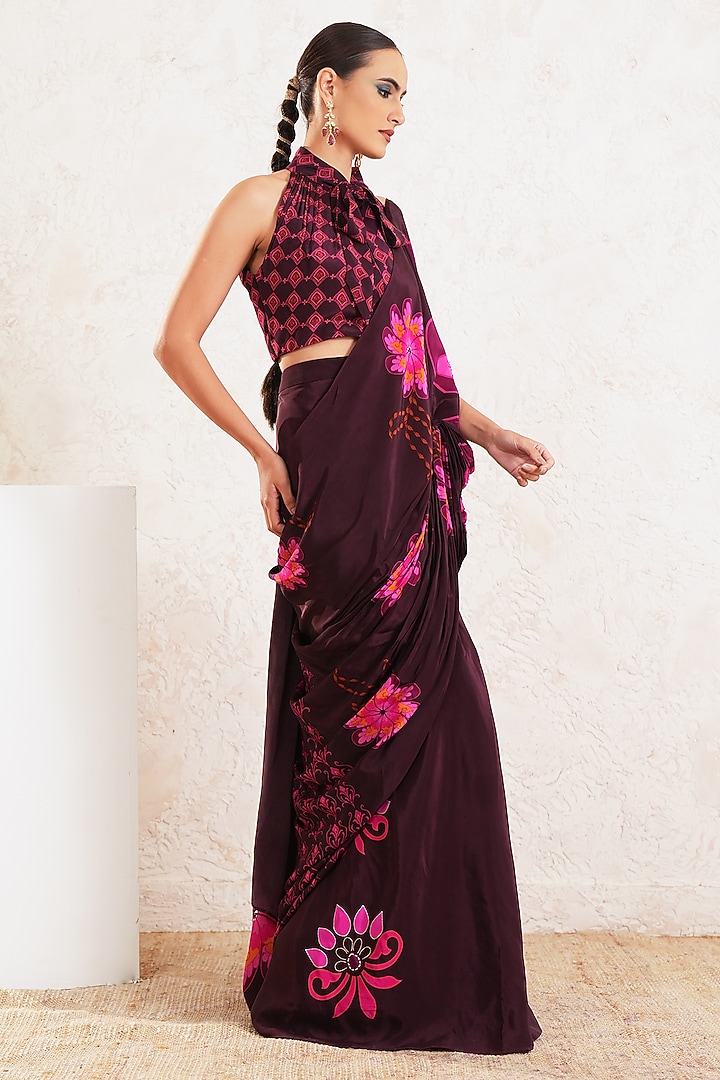 Wine Crepe Floral Embroidered Pre-Draped Wedding Saree Set by Gazab By Miku Kumar at Pernia's Pop Up Shop