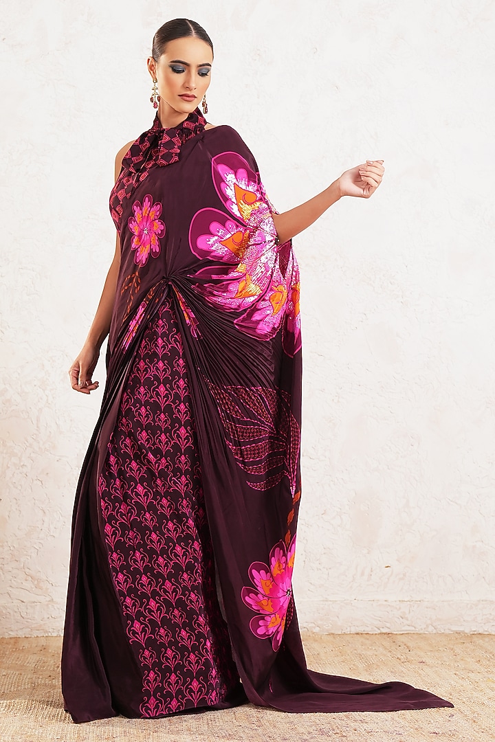 Wine Crepe Floral Embroidered Pre-Draped Wedding Saree Set by Gazab By Miku Kumar at Pernia's Pop Up Shop