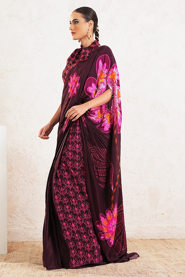 Wine Crepe Floral Embroidered Pre-Draped Wedding Saree Set by Gazab By Miku Kumar at Pernia's Pop Up Shop