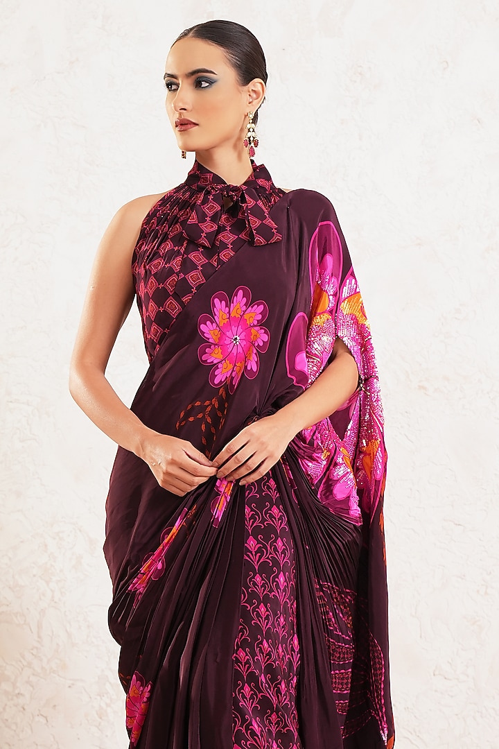 Wine Crepe Floral Embroidered Pre-Draped Wedding Saree Set by Gazab By Miku Kumar at Pernia's Pop Up Shop