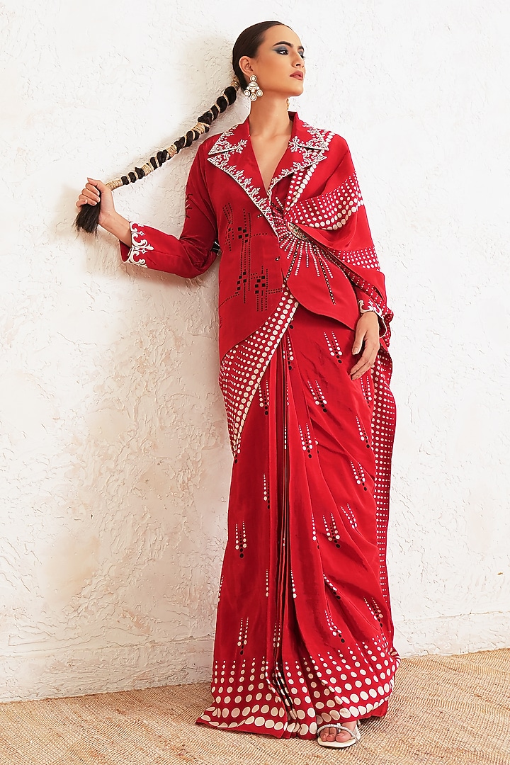 Red Crepe Hand Embroidered Pre-Draped Jacket Wedding Saree Set by Gazab By Miku Kumar at Pernia's Pop Up Shop