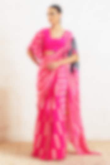 Pink Crepe Floral Embroidered Pre-Draped Wedding Saree Set by Gazab By Miku Kumar at Pernia's Pop Up Shop