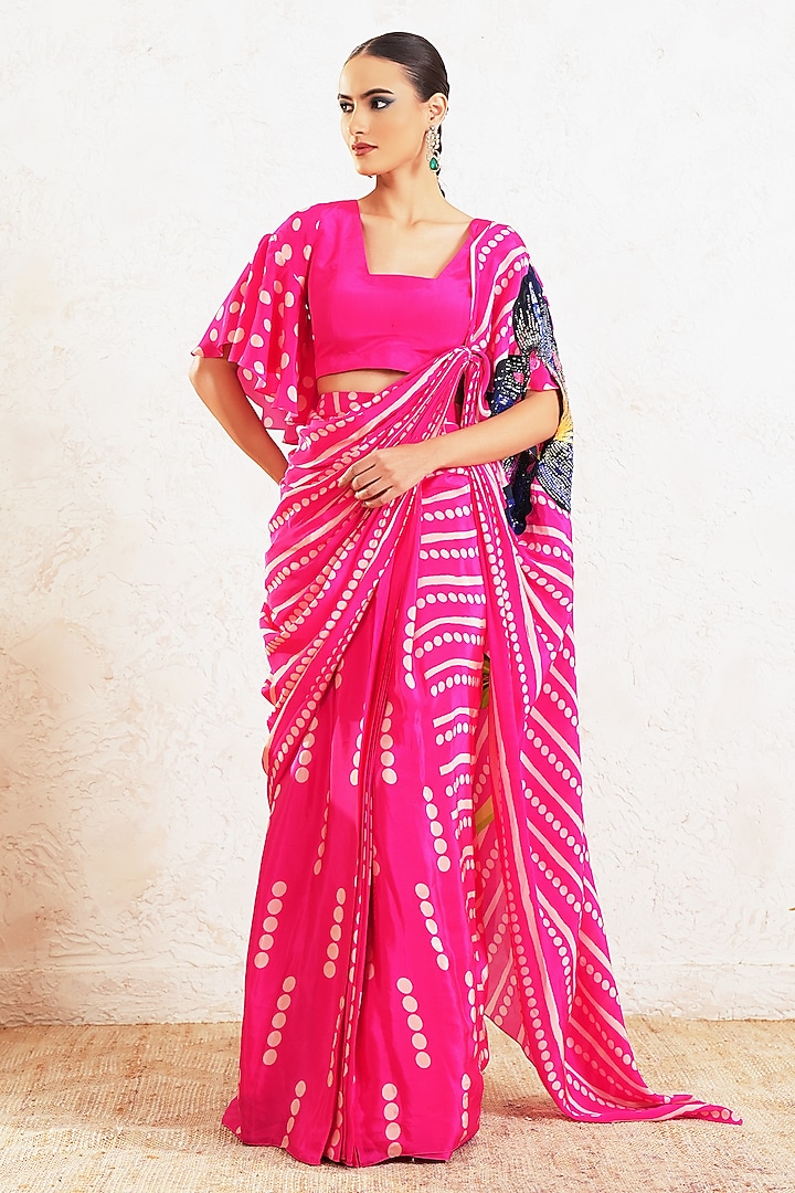 Pink Crepe Floral Embroidered Pre-Draped Wedding Saree Set by Gazab By Miku Kumar at Pernia's Pop Up Shop