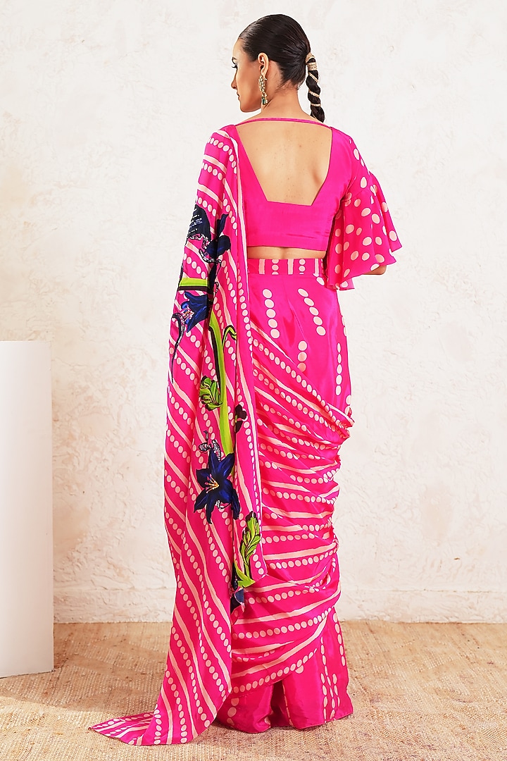 Pink Crepe Floral Embroidered Pre-Draped Wedding Saree Set by Gazab By Miku Kumar at Pernia's Pop Up Shop