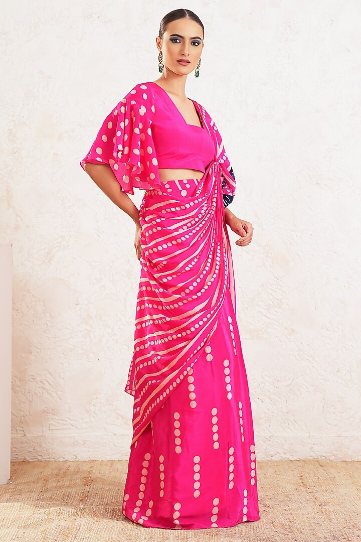 Pink Crepe Floral Embroidered Pre-Draped Wedding Saree Set by Gazab By Miku Kumar at Pernia's Pop Up Shop
