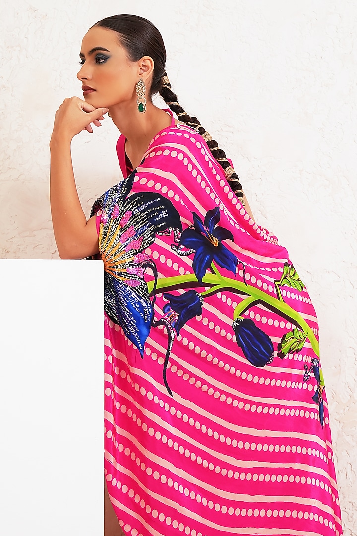 Pink Crepe Floral Embroidered Pre-Draped Wedding Saree Set by Gazab By Miku Kumar at Pernia's Pop Up Shop