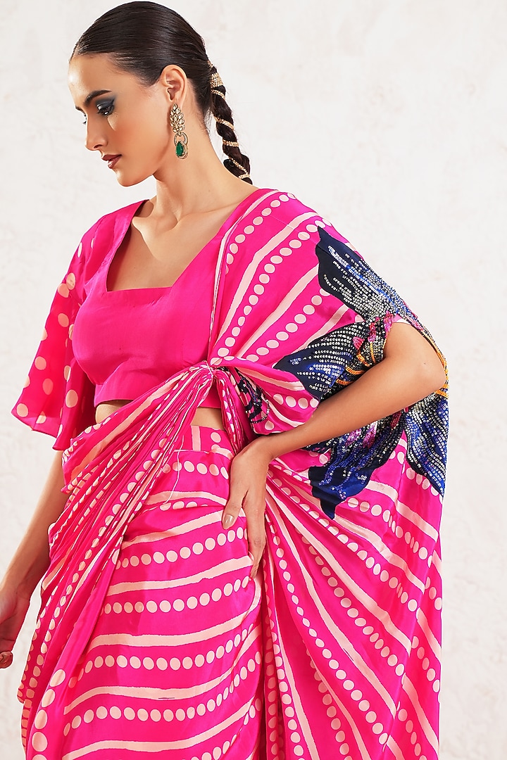 Pink Crepe Floral Embroidered Pre-Draped Wedding Saree Set by Gazab By Miku Kumar at Pernia's Pop Up Shop
