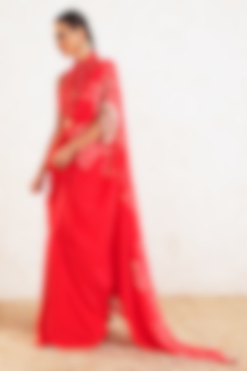 Red Crepe Motifs Embroidered Pre-Draped Wedding Saree Set by Gazab By Miku Kumar at Pernia's Pop Up Shop