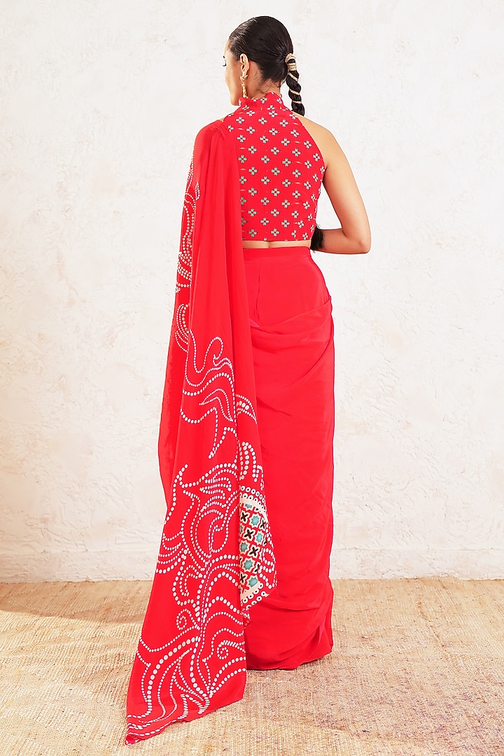 Red Crepe Motifs Embroidered Pre-Draped Wedding Saree Set by Gazab By Miku Kumar at Pernia's Pop Up Shop