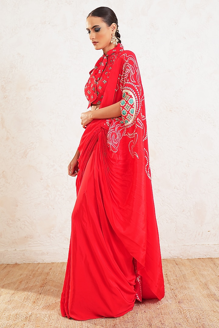 Red Crepe Motifs Embroidered Pre-Draped Wedding Saree Set by Gazab By Miku Kumar at Pernia's Pop Up Shop