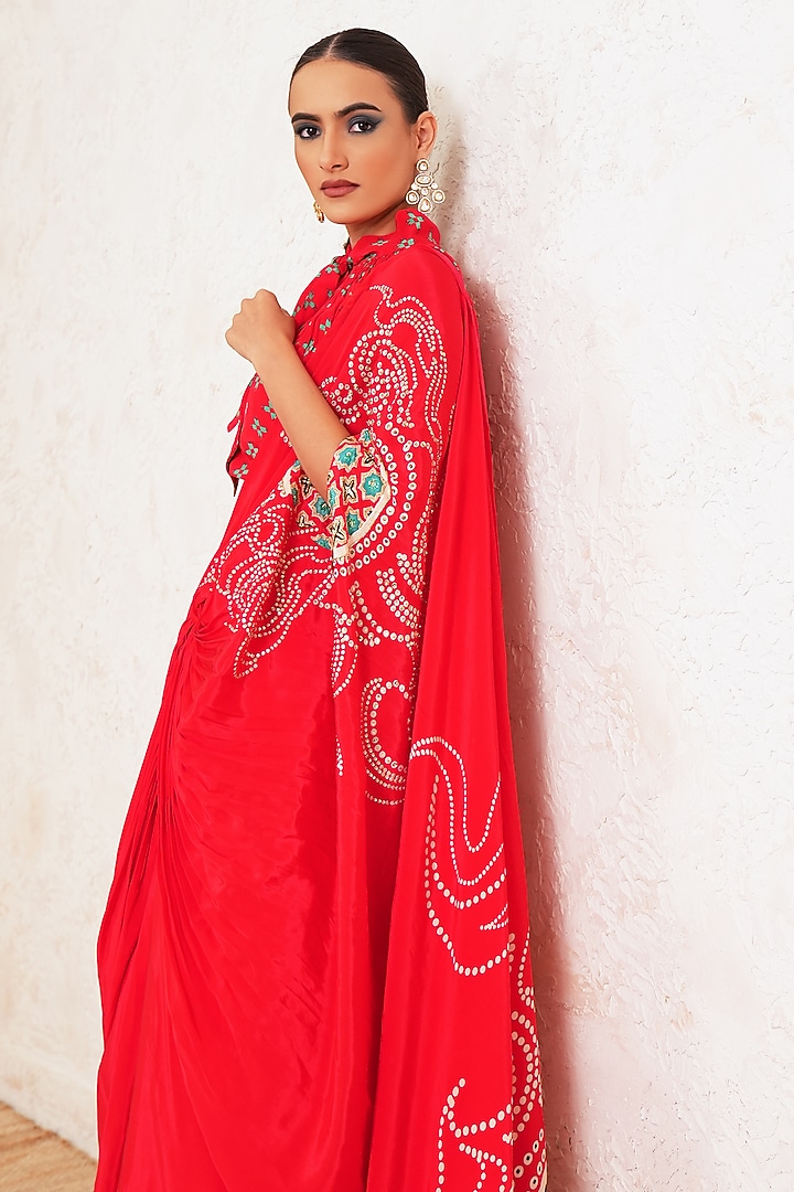 Red Crepe Motifs Embroidered Pre-Draped Wedding Saree Set by Gazab By Miku Kumar at Pernia's Pop Up Shop