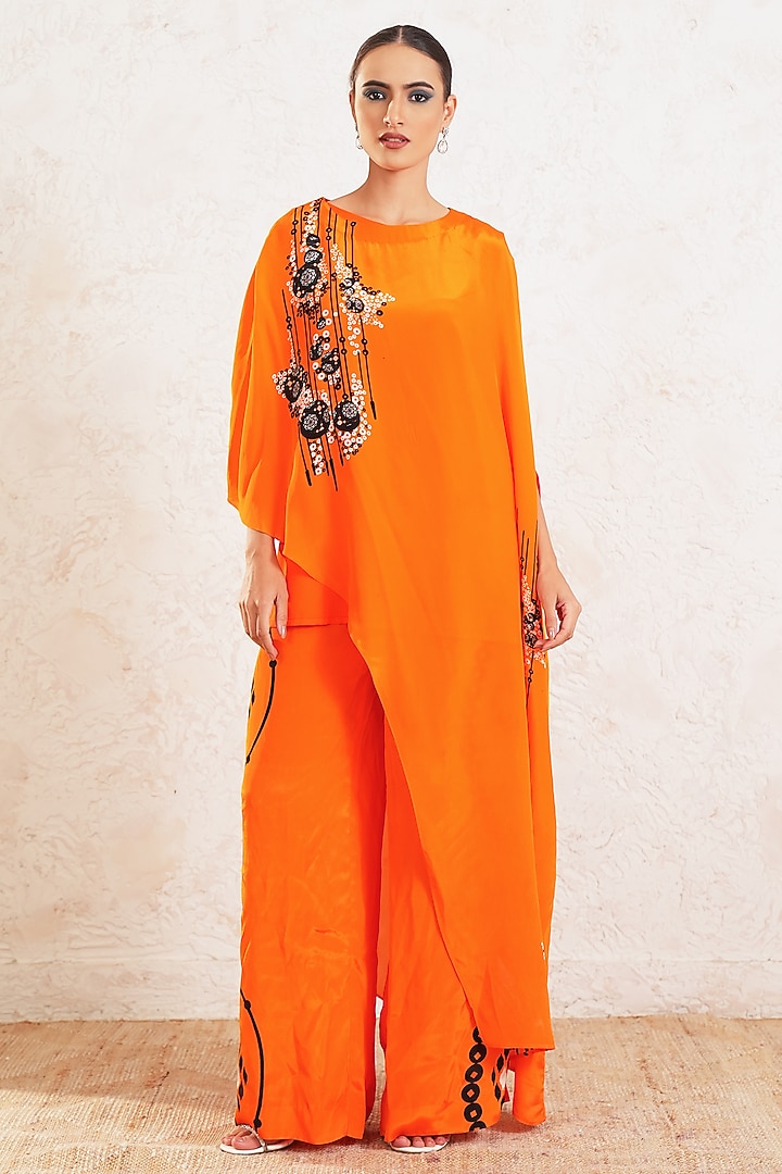 Orange Crepe Printed High-Low Kaftan Set by Gazab By Miku Kumar at Pernia's Pop Up Shop