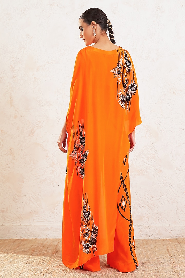 Orange Crepe Printed High-Low Kaftan Set by Gazab By Miku Kumar at Pernia's Pop Up Shop