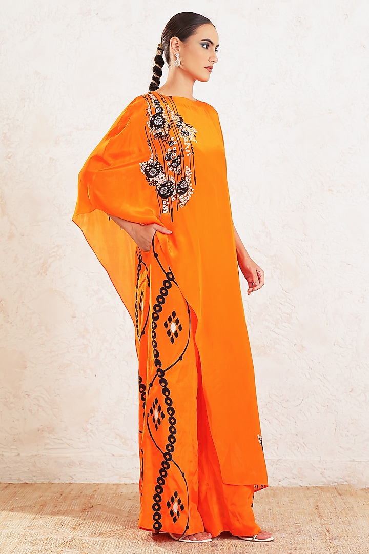 Orange Crepe Printed High-Low Kaftan Set by Gazab By Miku Kumar at Pernia's Pop Up Shop