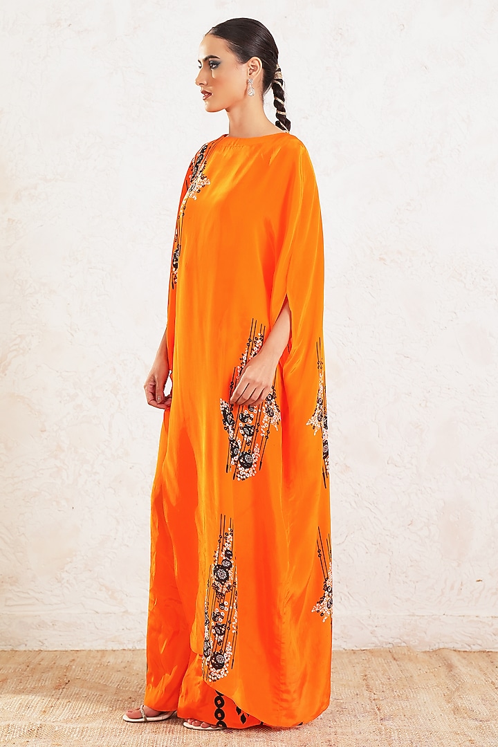 Orange Crepe Printed High-Low Kaftan Set by Gazab By Miku Kumar at Pernia's Pop Up Shop