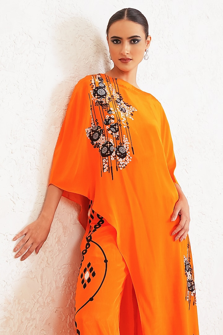 Orange Crepe Printed High-Low Kaftan Set by Gazab By Miku Kumar at Pernia's Pop Up Shop