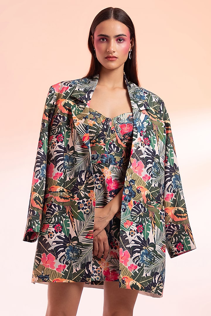 Multi-Colored Linen Floral Printed Corset Vacation Dress With Blazer by Gazab By Miku Kumar at Pernia's Pop Up Shop