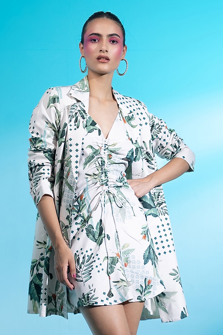 White Twill Silk Leaf Printed Corset Vacation Dress With Blazer by Gazab By Miku Kumar at Pernia's Pop Up Shop