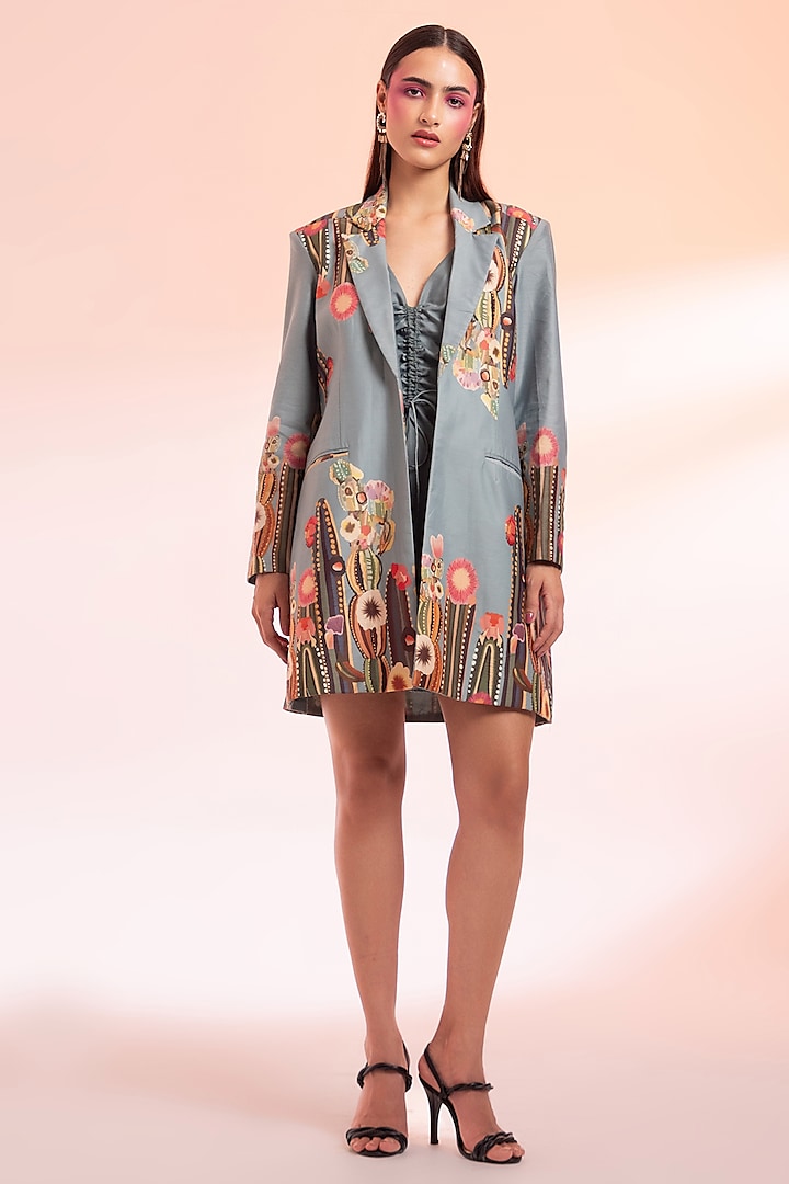 Grey Chanderi Silk Gathered Dress With Printed Blazer by Gazab By Miku Kumar at Pernia's Pop Up Shop